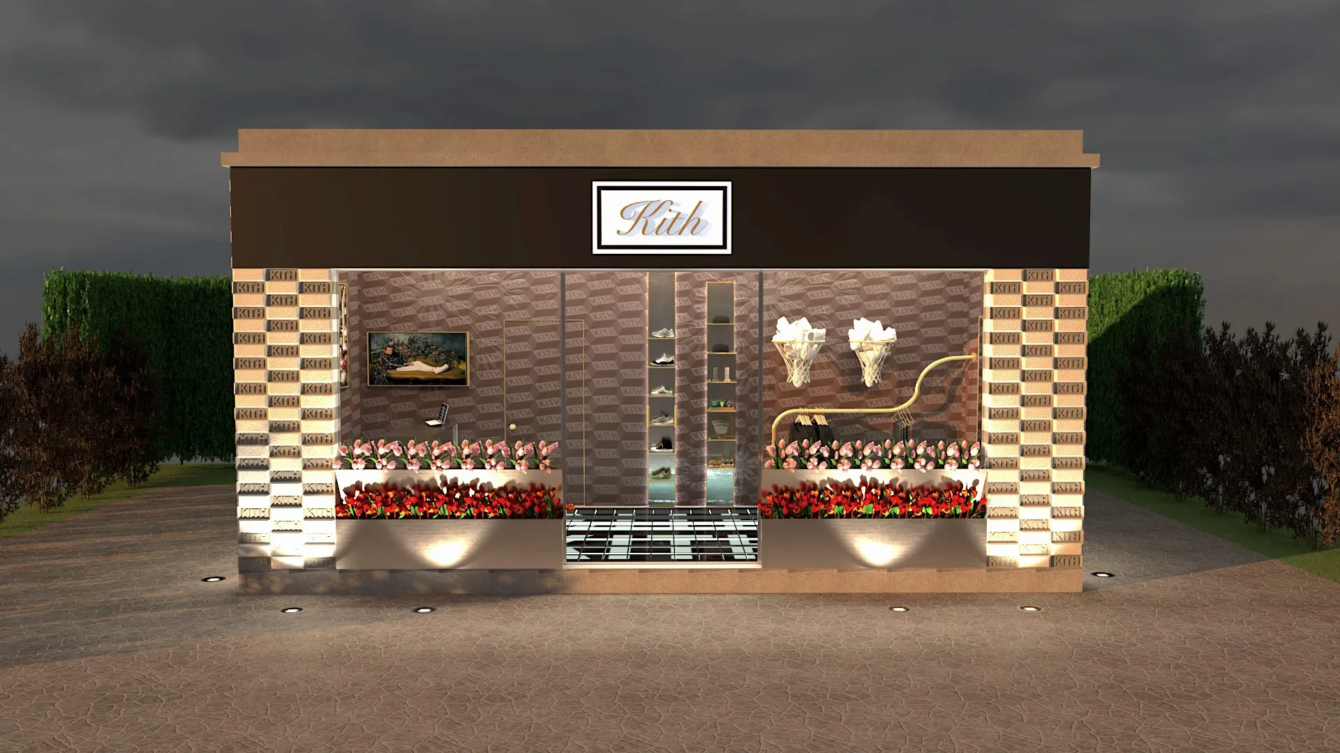 Noční vizualizace pop-up pavilonu zepředu — prosklené průčelí mezi dvěma sloupy z reliéfních tvárnic s vylisovaným nápisem Kith, nad vchodem podsvícený štítek, po stranách nasvícené truhlíky s květinami.
